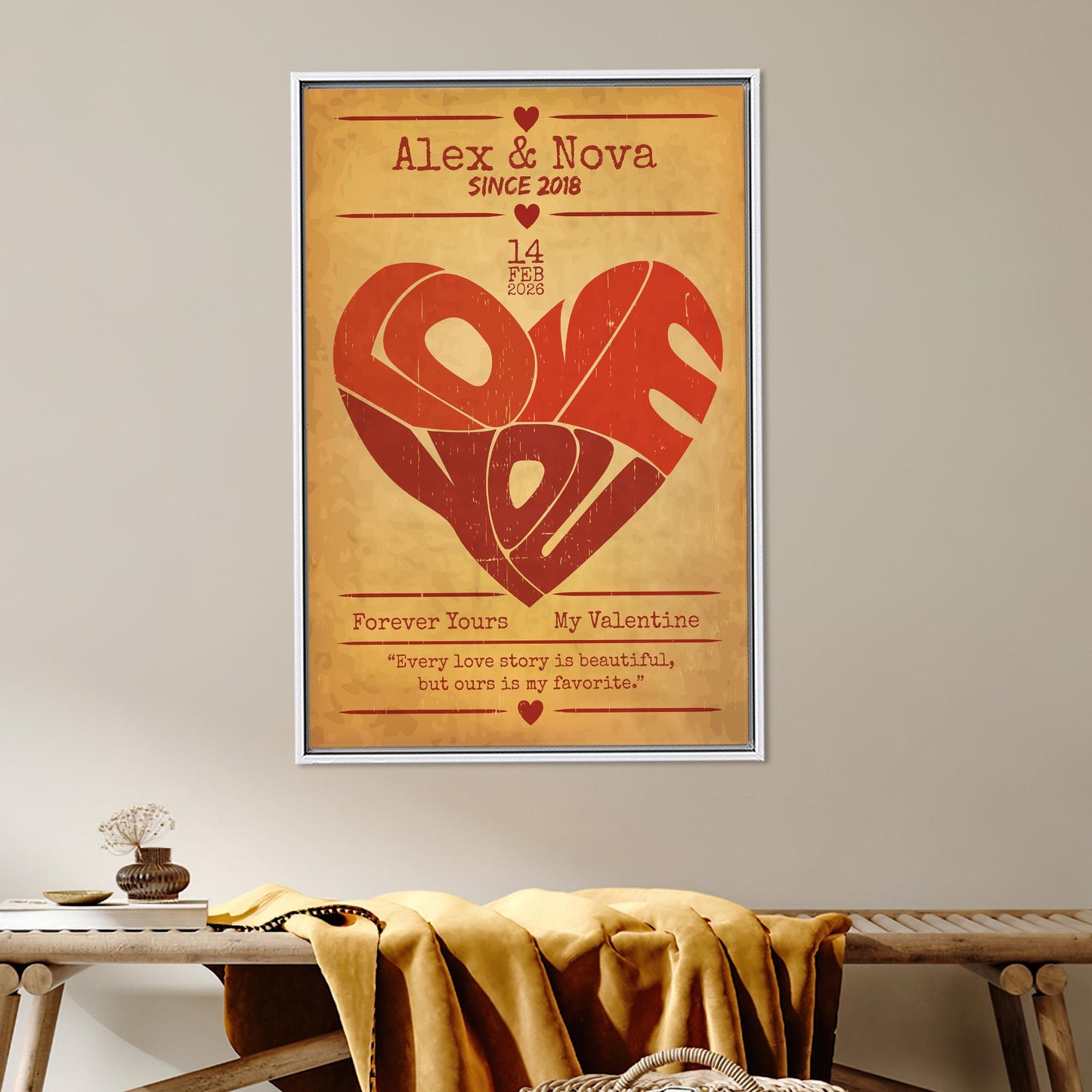 Personalized Vintage Love Heart Canvas Print, Custom Name Date Wall Art, Old Paper Style Valentine