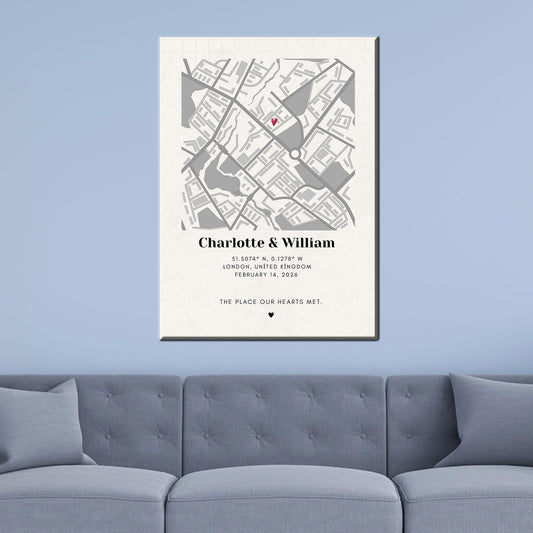 Modern Printed Canvas Wall Art: Personalized Map for Couples, Custom Valentine’s Day Gift