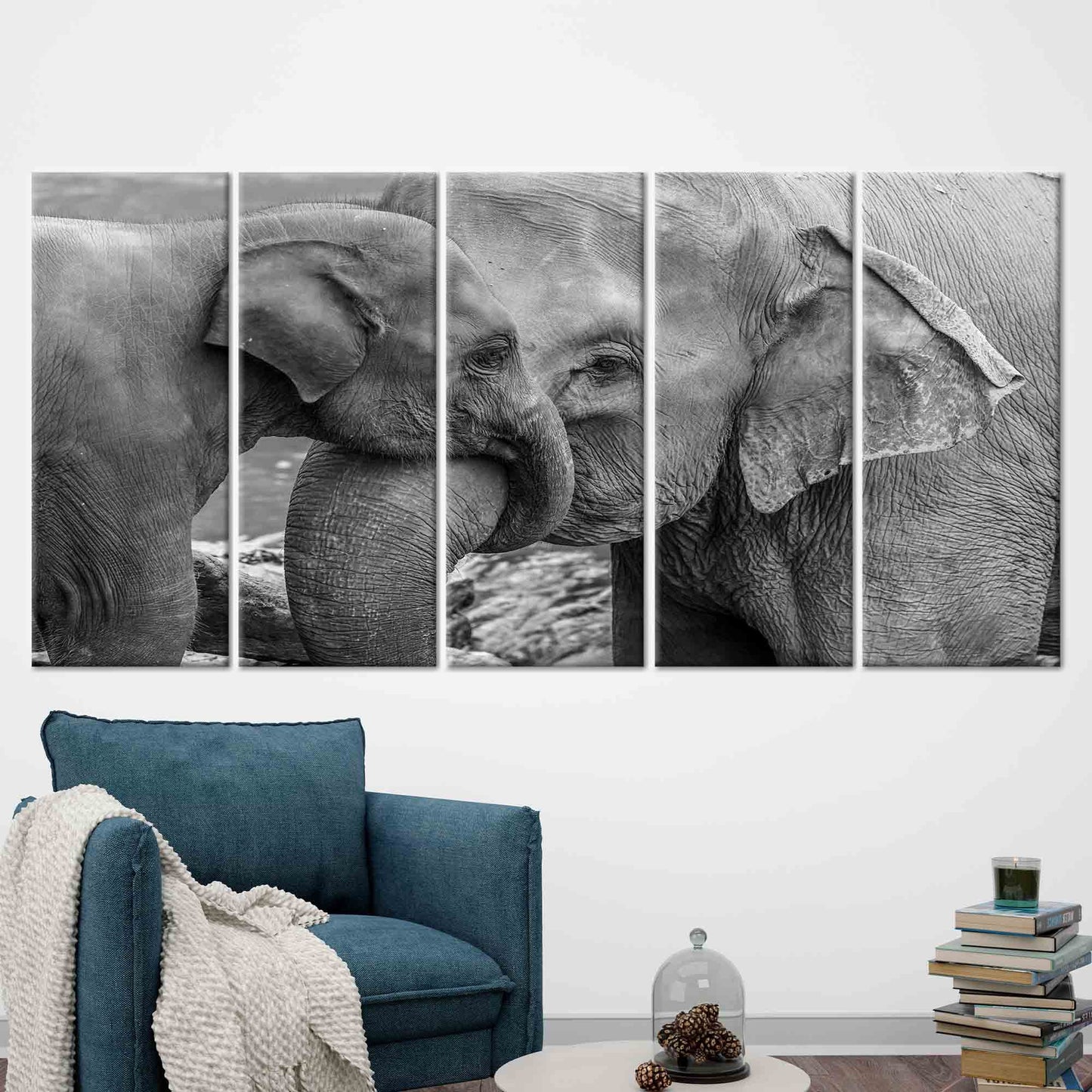 Black and White Elephant Family Canvas Print