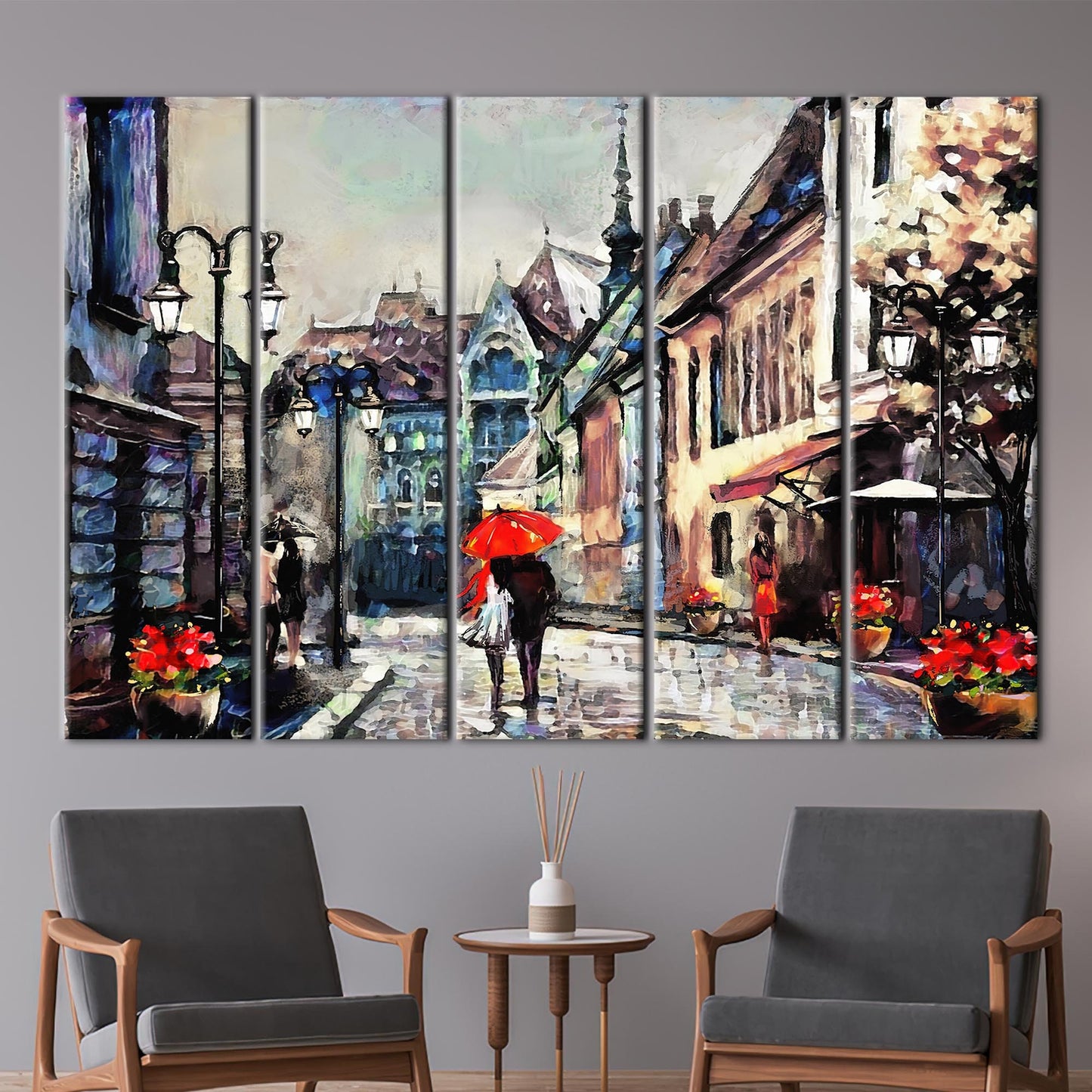 Romantic Lovers Under Red Umbrella Canvas Print