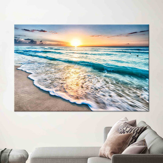 Sunset at the Ocean Printed Beach Scenery Canvas Art, 3D Sea Poster for Wedding Decor and Living