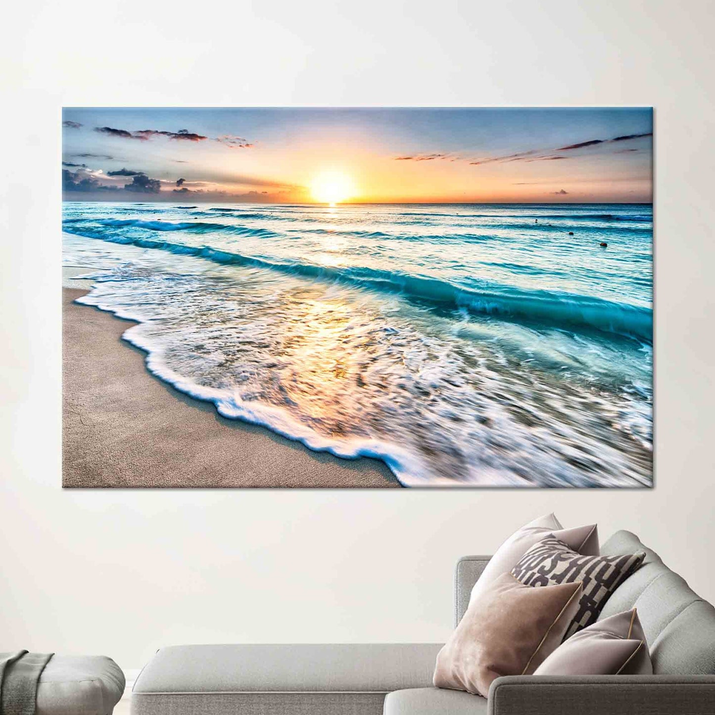 Sunset at the Ocean Printed Beach Scenery Canvas Art, 3D Sea Poster for Wedding Decor and Living