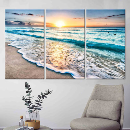 Sunset at the Ocean Printed Beach Scenery Canvas Art, 3D Sea Poster for Wedding Decor and Living