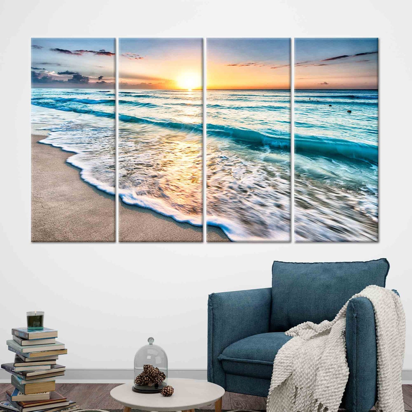 Sunset at the Ocean Printed Beach Scenery Canvas Art, 3D Sea Poster for Wedding Decor and Living