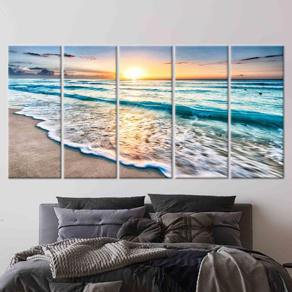 Sunset at the Ocean Printed Beach Scenery Canvas Art, 3D Sea Poster for Wedding Decor and Living