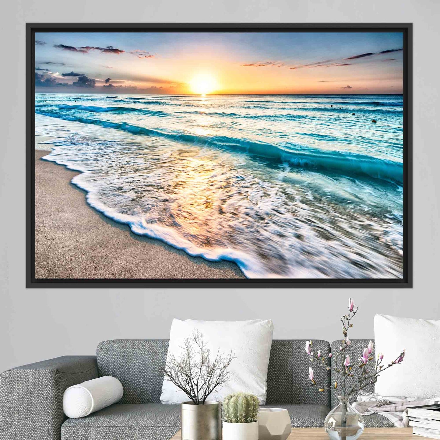 Sunset at the Ocean Printed Beach Scenery Canvas Art, 3D Sea Poster for Wedding Decor and Living