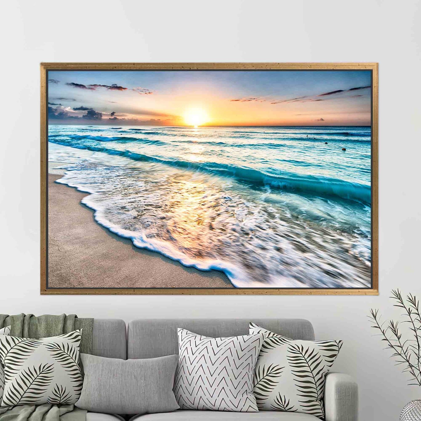 Sunset at the Ocean Printed Beach Scenery Canvas Art, 3D Sea Poster for Wedding Decor and Living