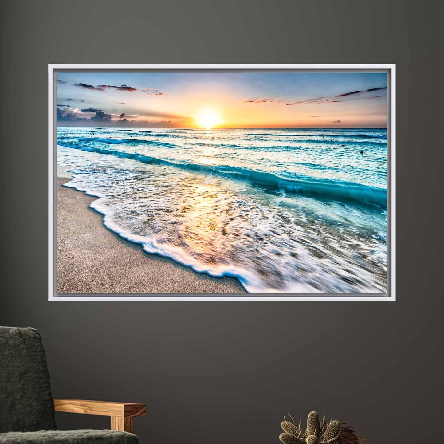 Sunset at the Ocean Printed Beach Scenery Canvas Art, 3D Sea Poster for Wedding Decor and Living