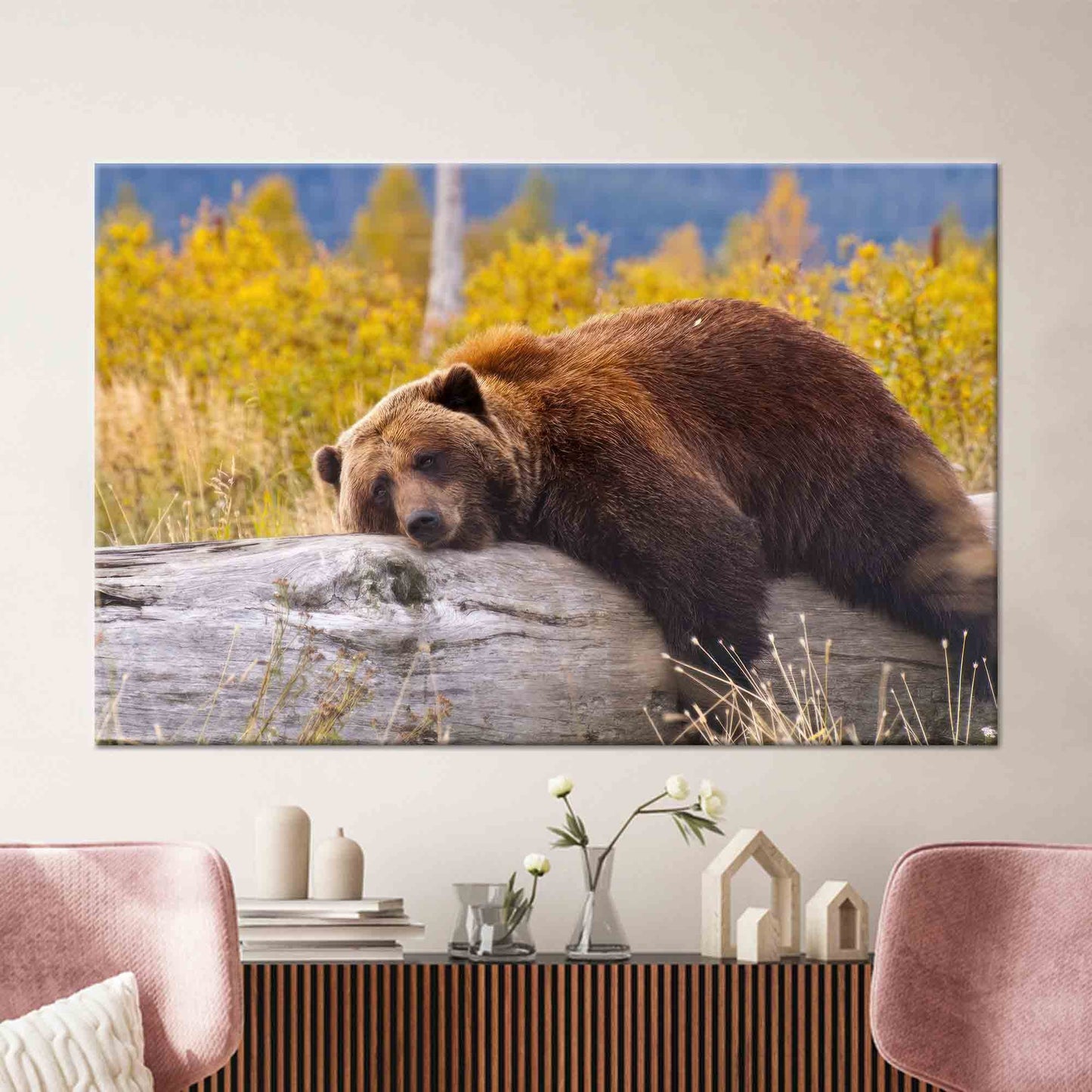 Brown Bear Resting Log Canvas Print