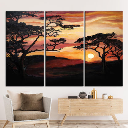 African Sunset Savannah Tree Painting Canvas Print - Nature View Wall Art