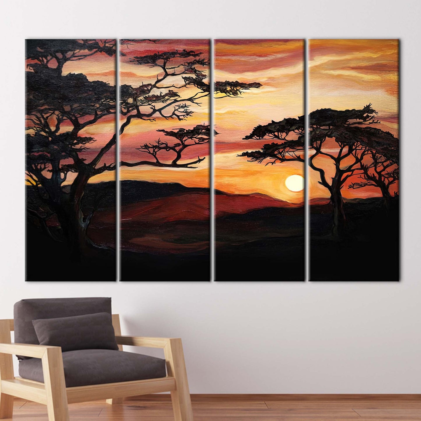 African Sunset Savannah Tree Painting Canvas Print - Nature View Wall Art