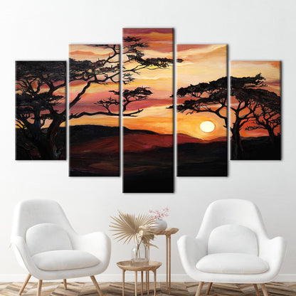 African Sunset Savannah Tree Painting Canvas Print - Nature View Wall Art