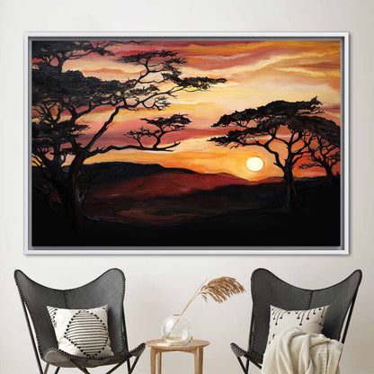 African Sunset Savannah Tree Painting Canvas Print - Nature View Wall Art