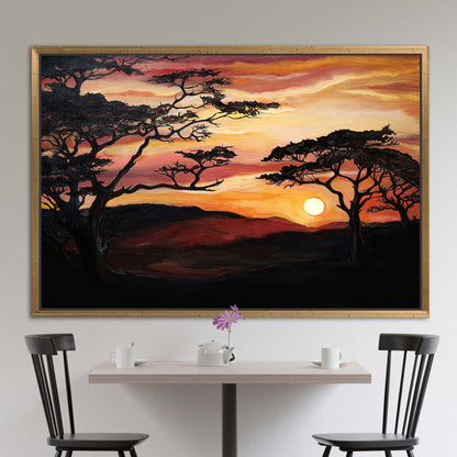 African Sunset Savannah Tree Painting Canvas Print - Nature View Wall Art