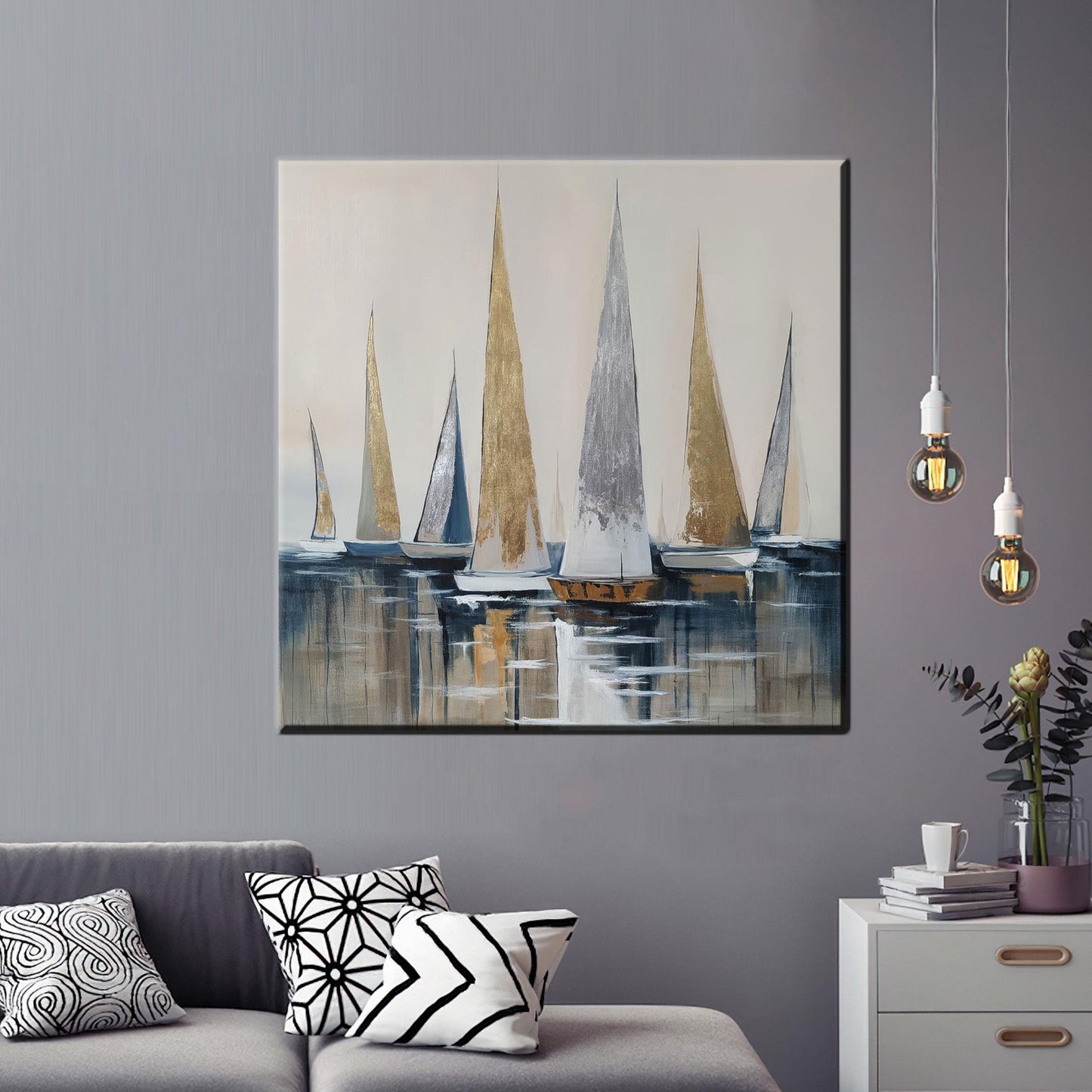 Blue Sailboat Abstract Nautical Painting Canvas Print