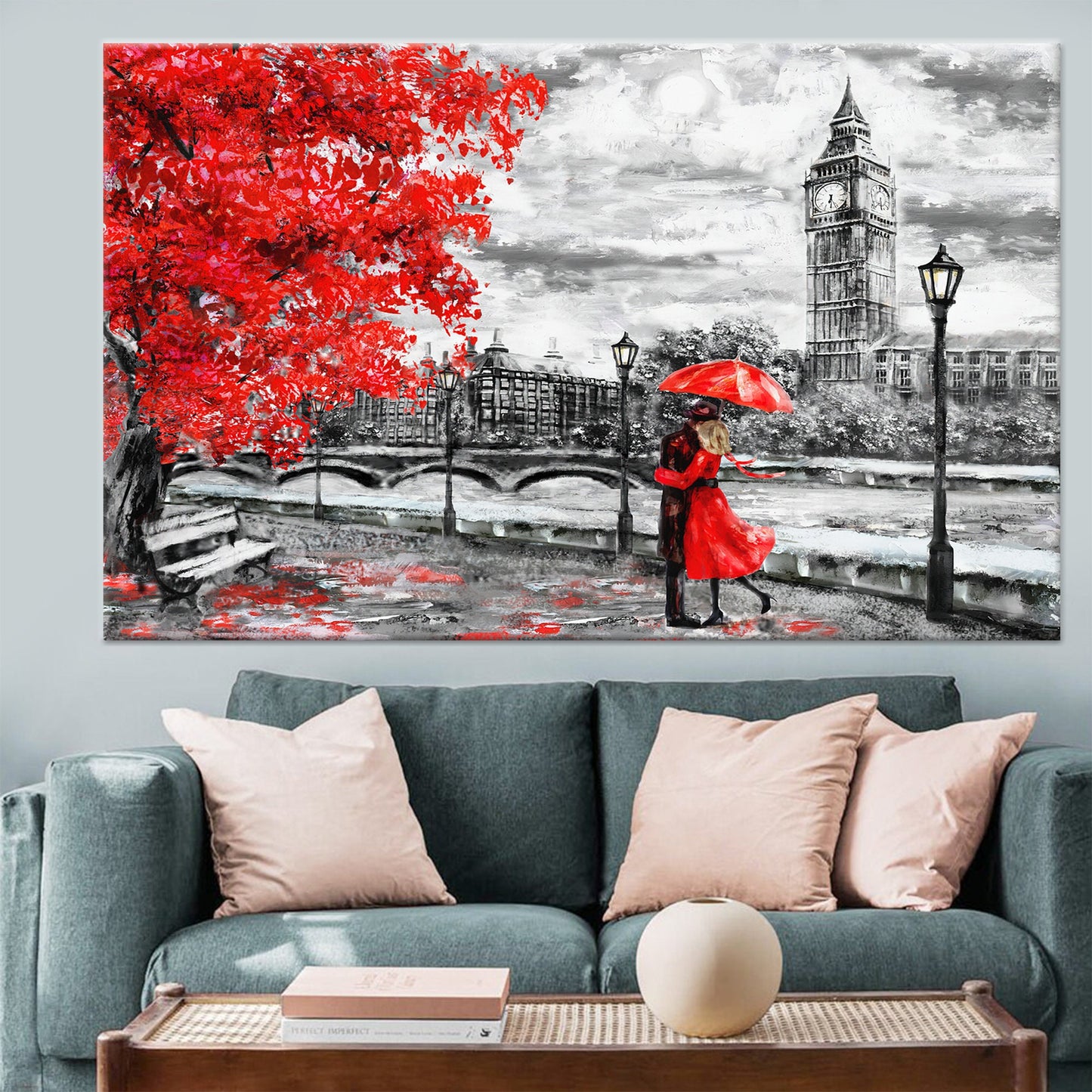 Red Umbrella Vibrant London Landscape Canvas Print