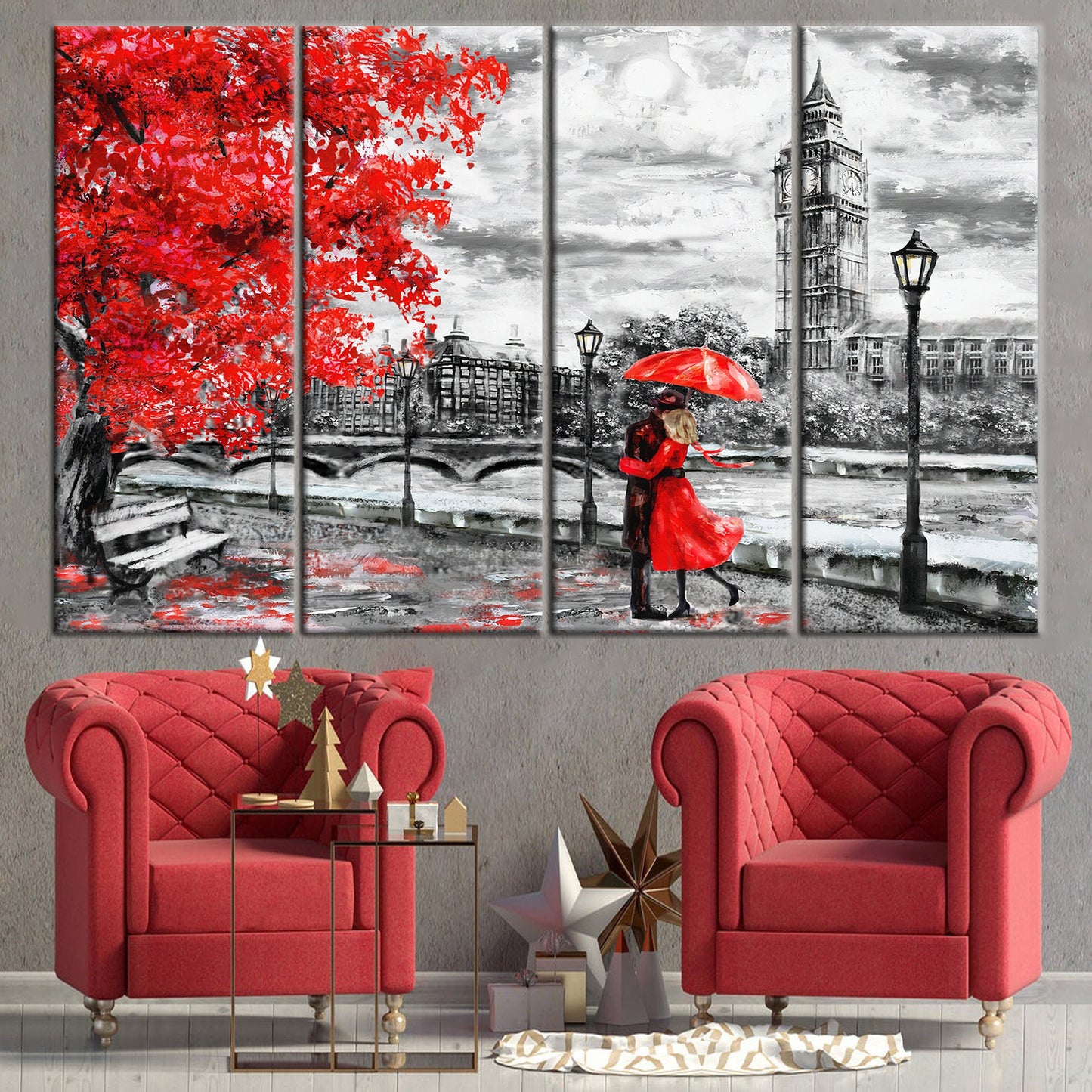 Red Umbrella Vibrant London Landscape Canvas Print