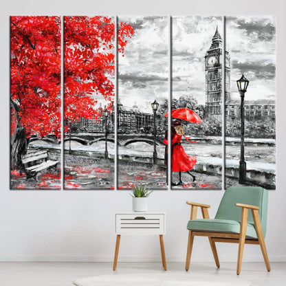 Red Umbrella Vibrant London Landscape Canvas Print