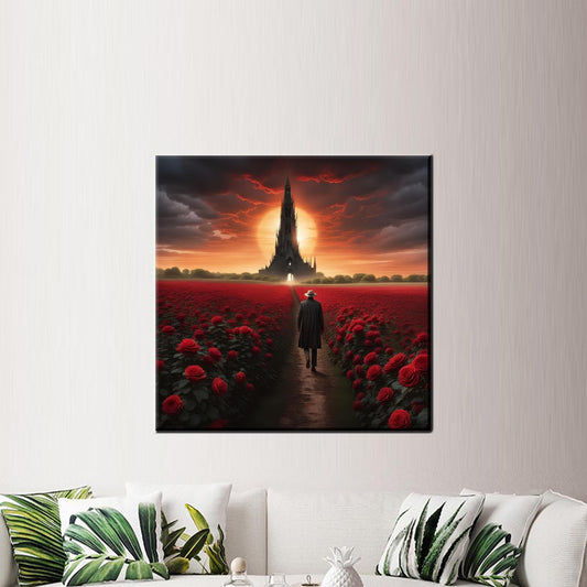 Red Rose Field Canvas Wall Decor: Cinematic Fantasy Artwork for Home