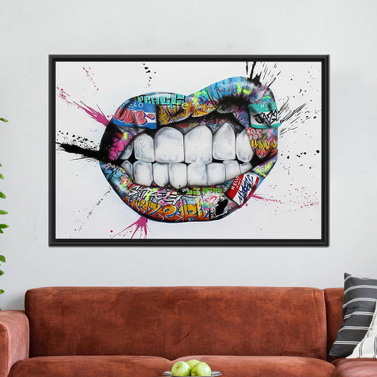 Colorful Graffiti Lips Canvas Art, Urban Street Pop Art Wall Decor, Modern Office Teeth Graffiti