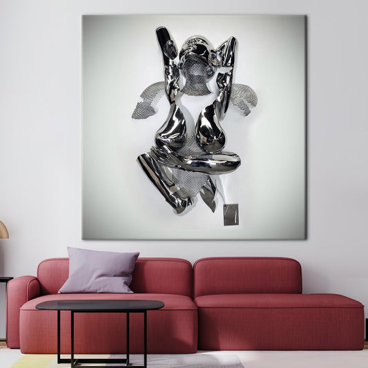 Romantic 3D Silver Couple Hugging Canvas Print, Abstract Wall Decor for Couples