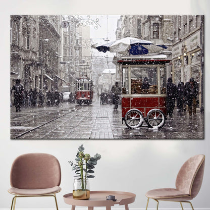 Red Tram Winter Istanbul Landscape Canvas Print
