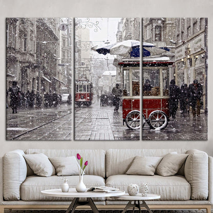 Red Tram Winter Istanbul Landscape Canvas Print