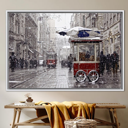 Red Tram Winter Istanbul Landscape Canvas Print