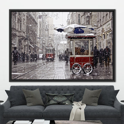 Red Tram Winter Istanbul Landscape Canvas Print