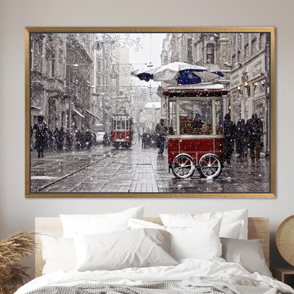Red Tram Winter Istanbul Landscape Canvas Print