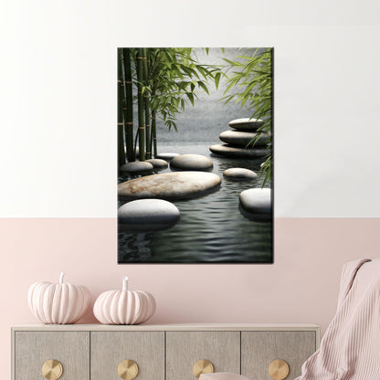Zen Bamboo and Stone Path Canvas Wall Art, Tranquil Spa Style Water Poster, Minimal Japanese Garden