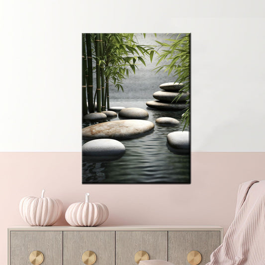 Zen Bamboo and Stone Path Canvas Wall Art, Tranquil Spa Style Water Poster, Minimal Japanese Garden