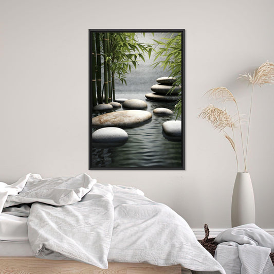 Zen Bamboo and Stone Path Canvas Wall Art, Tranquil Spa Style Water Poster, Minimal Japanese Garden