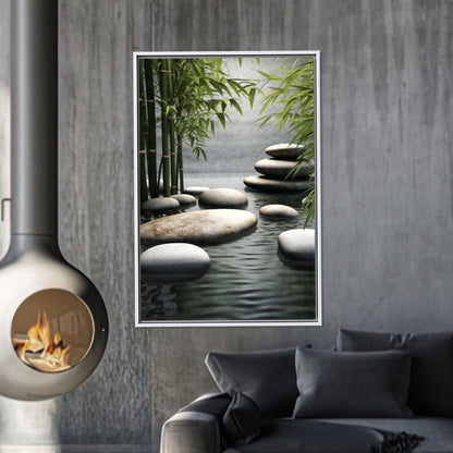 Zen Bamboo and Stone Path Canvas Wall Art, Tranquil Spa Style Water Poster, Minimal Japanese Garden