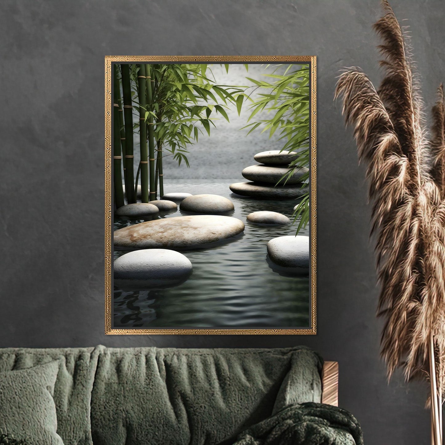 Zen Bamboo and Stone Path Canvas Wall Art, Tranquil Spa Style Water Poster, Minimal Japanese Garden