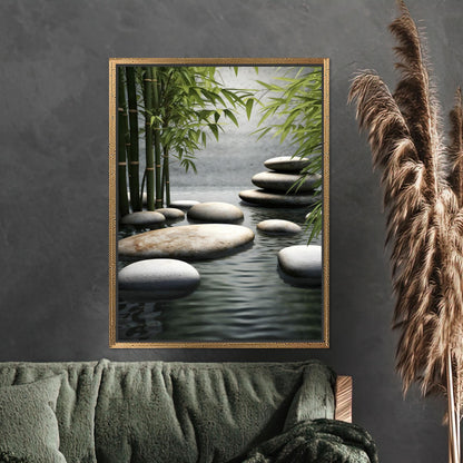 Zen Bamboo and Stone Path Canvas Wall Art, Tranquil Spa Style Water Poster, Minimal Japanese Garden