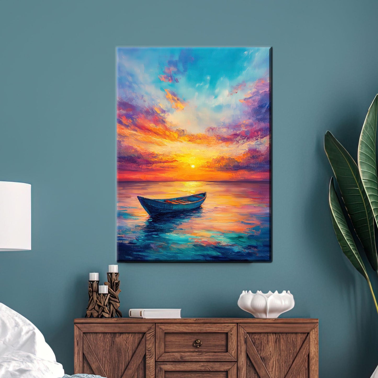 Colorful Boat Sunset Vibrant Seascape Canvas Print