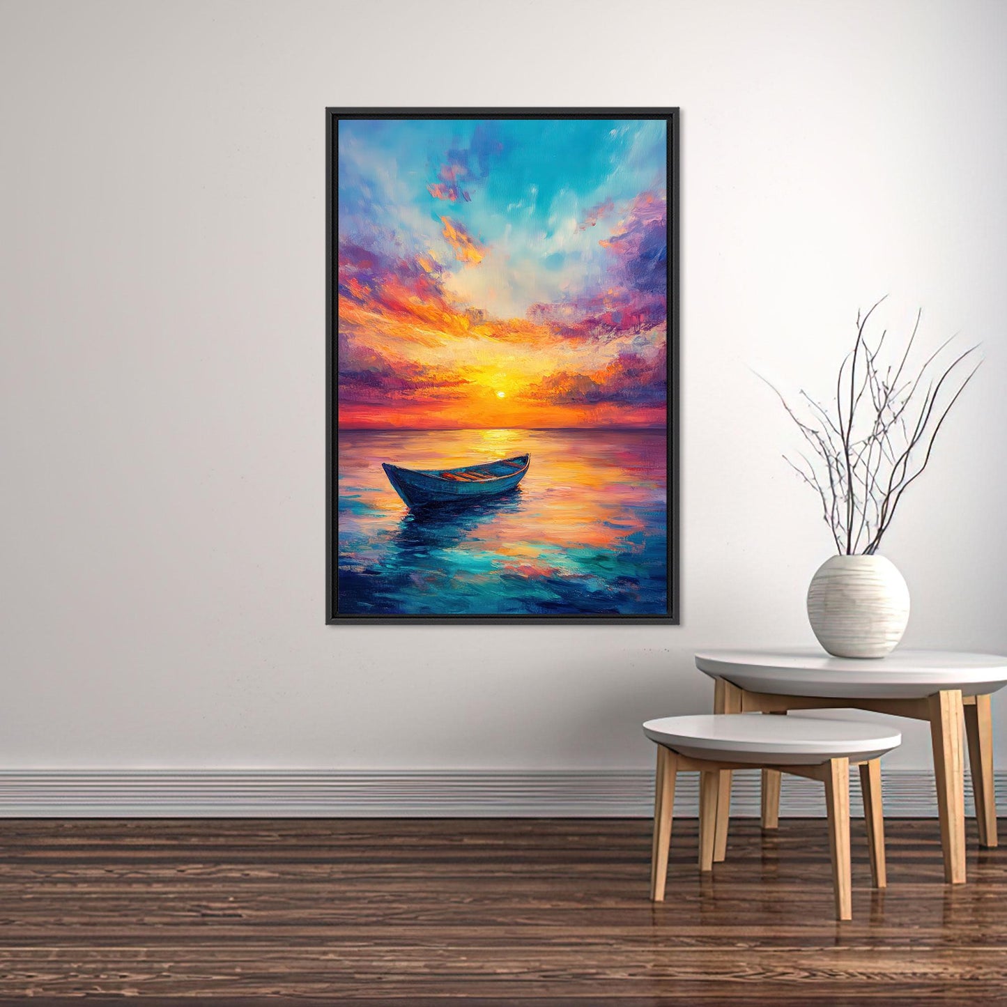 Colorful Boat Sunset Vibrant Seascape Canvas Print
