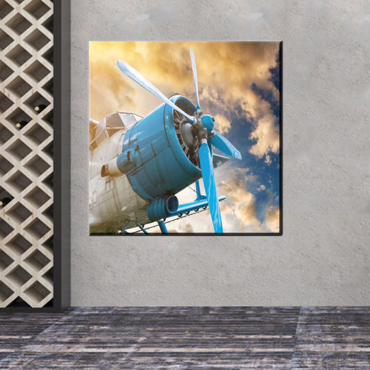 Blue Vintage Plane Canvas Wall Art, Retro Propeller Aircraft Poster for Office or Travel Decor