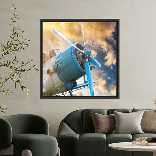 Blue Vintage Plane Canvas Wall Art, Retro Propeller Aircraft Poster for Office or Travel Decor