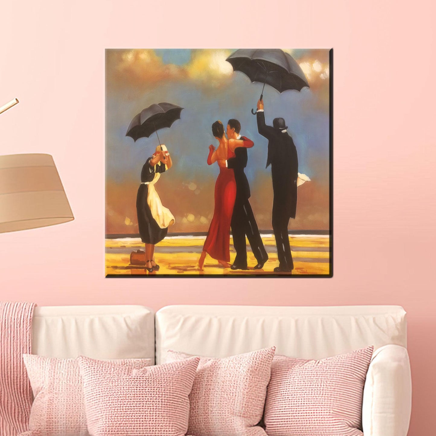 Vintage Romantic Beach Dance Canvas Wall Art, Elegant Umbrella Couple Poster for Love, Wedding or