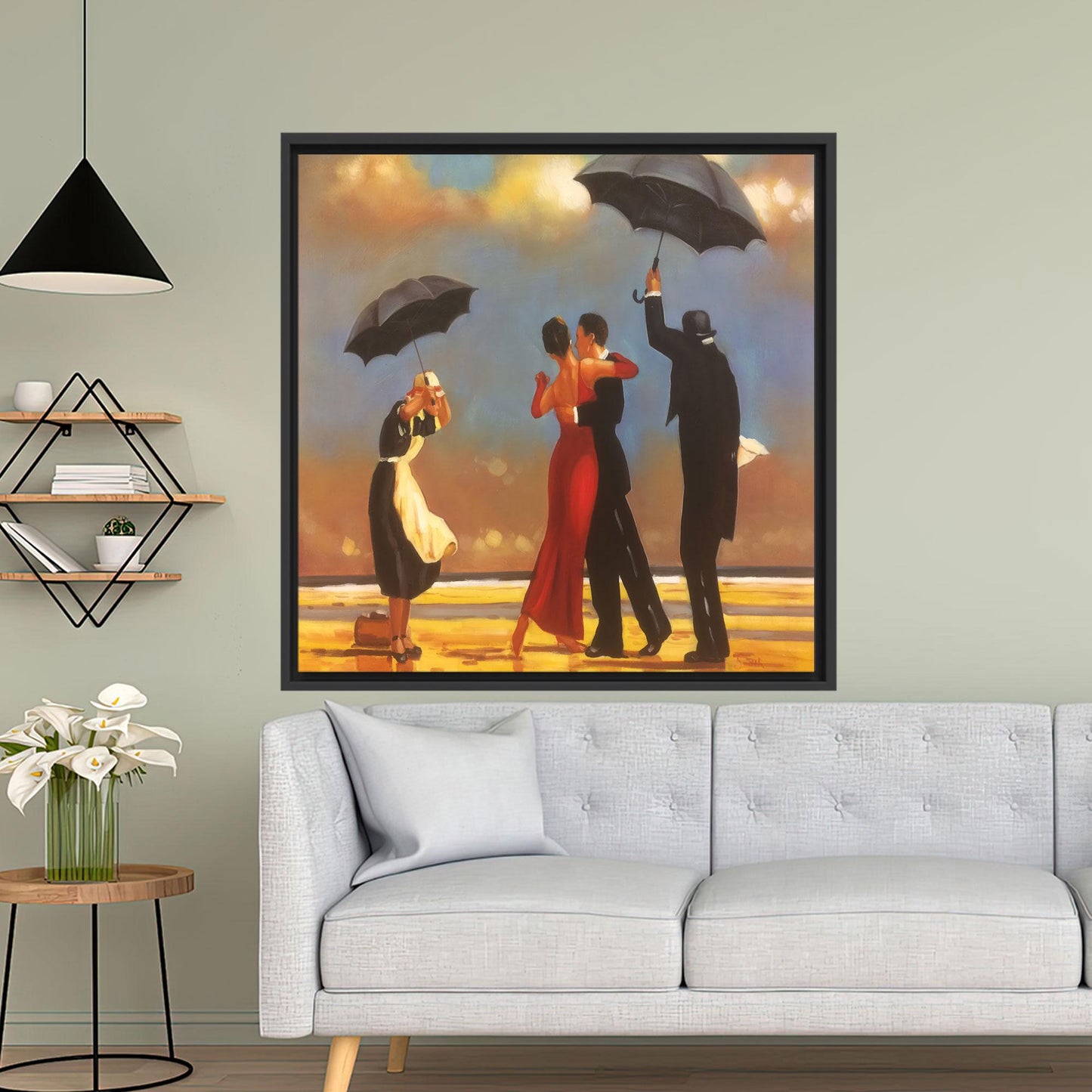 Vintage Romantic Beach Dance Canvas Wall Art, Elegant Umbrella Couple Poster for Love, Wedding or
