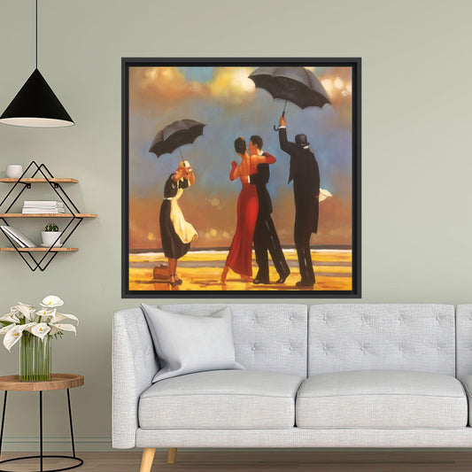 Vintage Romantic Beach Dance Canvas Wall Art, Elegant Umbrella Couple Poster for Love, Wedding or
