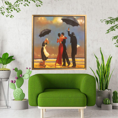 Vintage Romantic Beach Dance Canvas Wall Art, Elegant Umbrella Couple Poster for Love, Wedding or