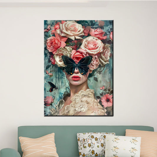 Floral Butterfly Woman Canvas Wall Art: Surreal Portrait with Roses and Wings for Bedroom or Vanity