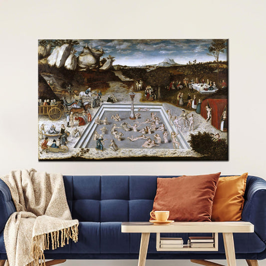 Vintage Fountain of Youth Canvas Wall Art, Renaissance Bathing Scene Poster for Historic Decor