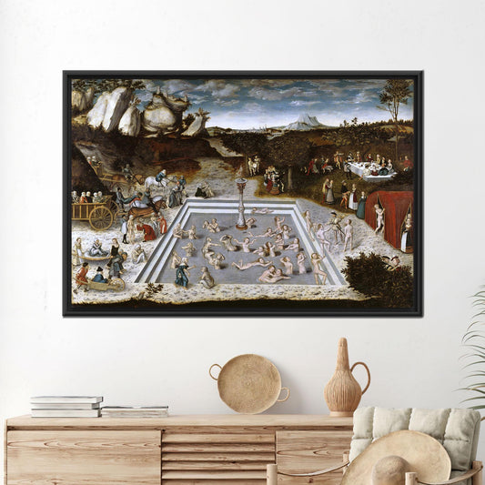 Vintage Fountain of Youth Canvas Wall Art, Renaissance Bathing Scene Poster for Historic Decor