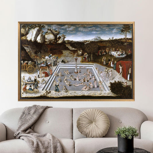Vintage Fountain of Youth Canvas Wall Art, Renaissance Bathing Scene Poster for Historic Decor