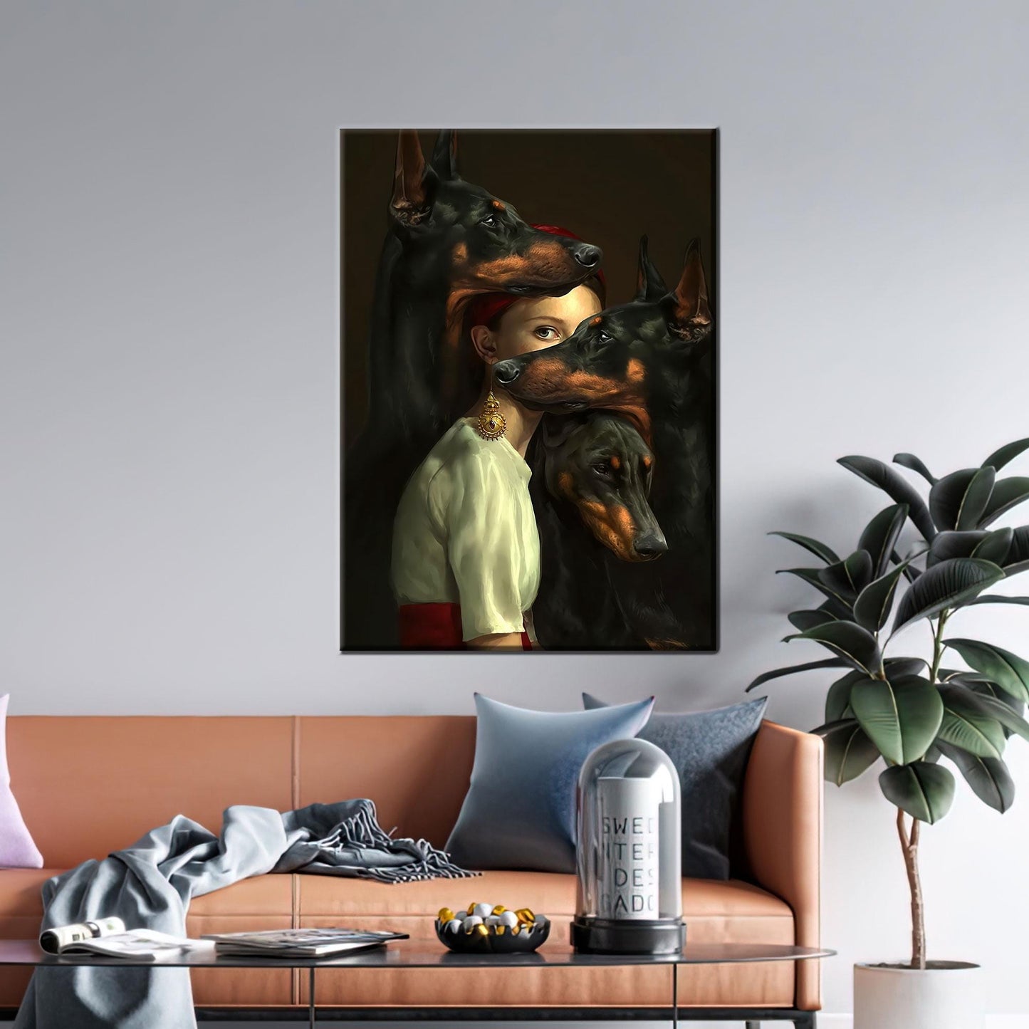 Mysterious Woman Dobermans Dark Surreal Canvas Print