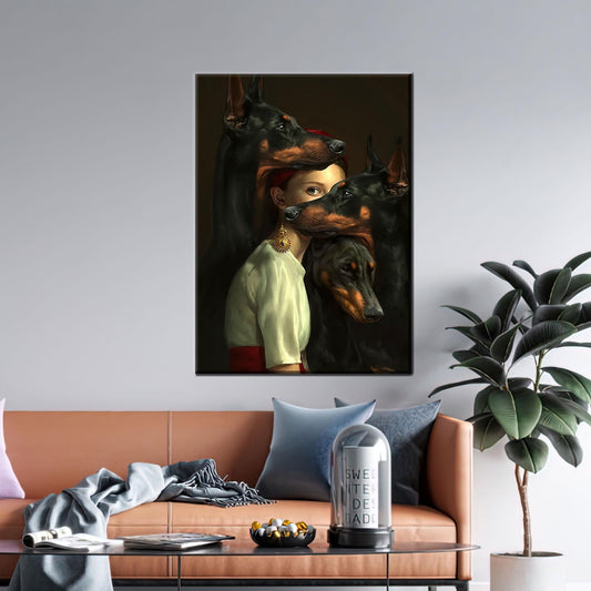 Mysterious Woman with Dobermans Canvas Wall Art, Dark Surreal Portrait for Gothic Home Decor